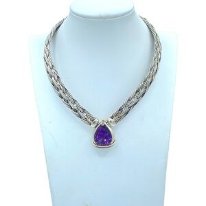Ron Rizzo Statement necklace braided sterling silver large faceted drop amethyst